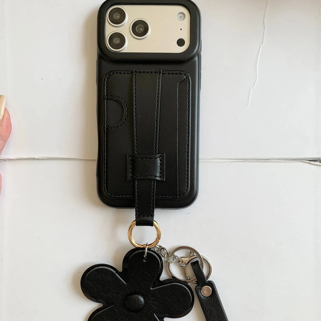 カード収納付き 落下防止 ハンドベルト フラワーチャーム レザー調 iPhoneケース #260622