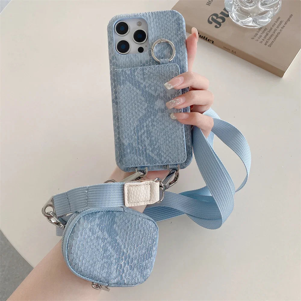 【スネークシリーズ】ヘビ柄 高見え ショルダーストラップケース ＋ カード収納 ミラー ミニポーチ #240916