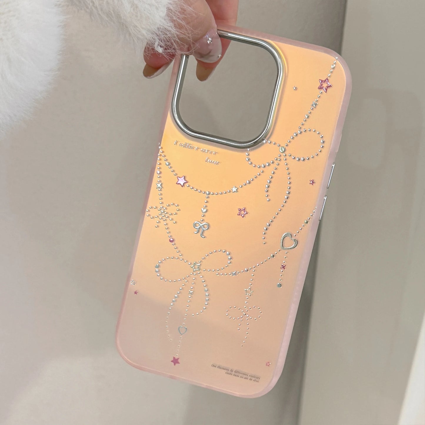 ビジューリボン 韓国風 iPhoneケース｜オーロラピンク #240515