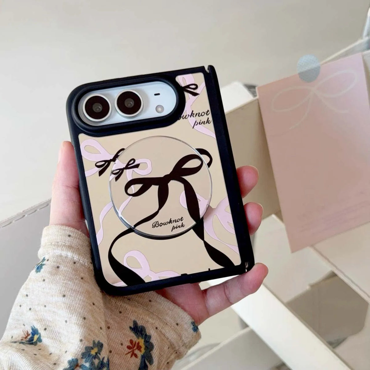 iPhone Duo ミラー リボン柄 グリップ・ストラップ付き iPhoneケース｜ガーリー・韓国っぽ #261265　