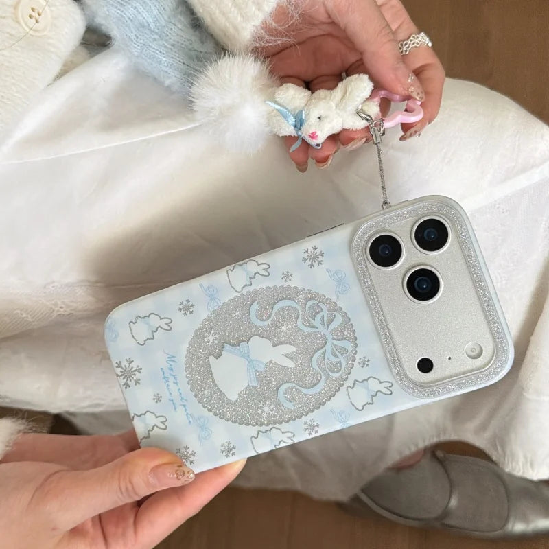 ラビットレース グリッターiPhoneケース｜うさぎモチーフ・キラキラフレーム・ファーチャーム付き #240501