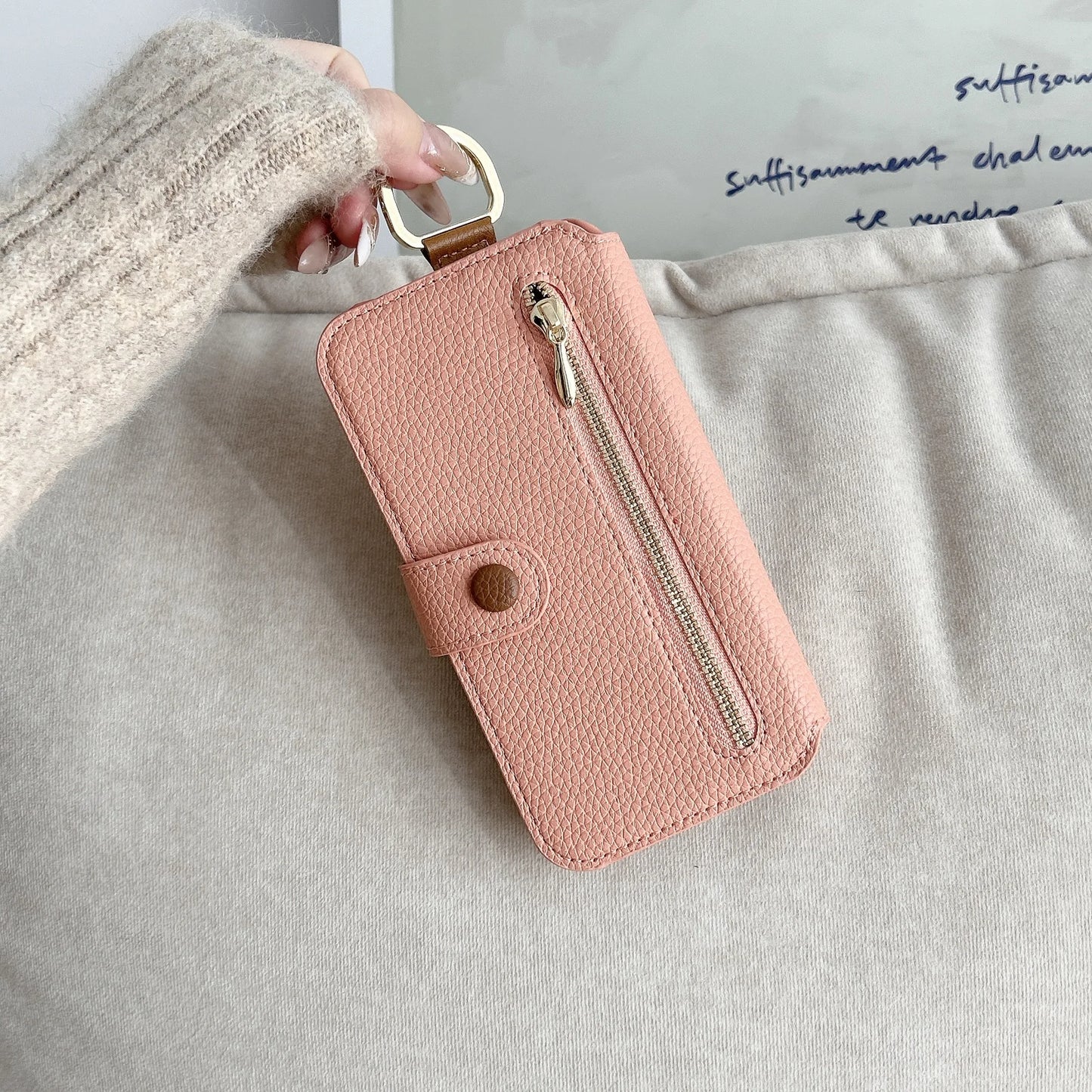 【ブックスタイル】キーリング付き レザー調 財布一体型 手帳型 iPhoneケース｜ファスナー収納・多色展開 #240128