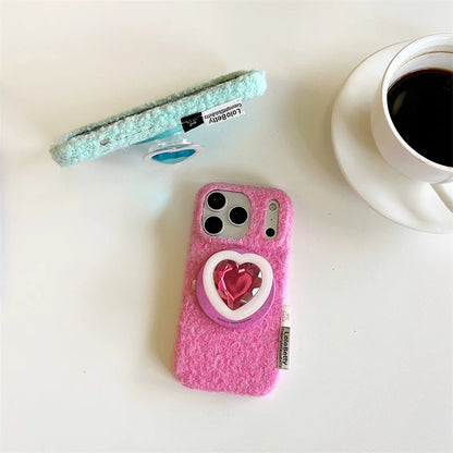 【Magnet内蔵】立体ハートジュエルポップソケット × もこもこファー スマホケース｜iPhone対応 #241214