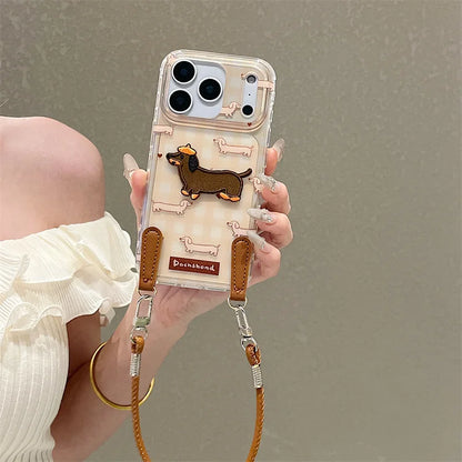 【ミニチュアダックス】刺繍ワッペン × クリアギンガムチェック レザー風 ストラップ付き スマホケース｜iPhone対応  #241221