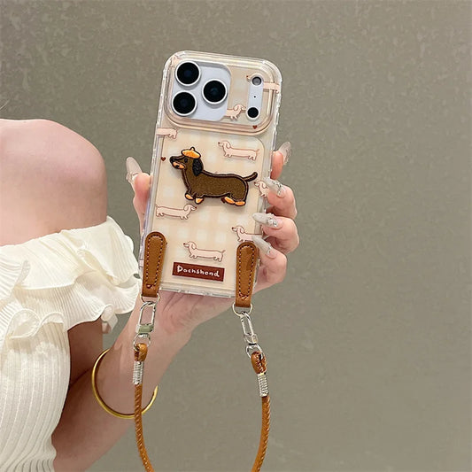 【ミニチュアダックス】刺繍ワッペン × クリアギンガムチェック レザー風 ストラップ付き スマホケース｜iPhone対応  #241221