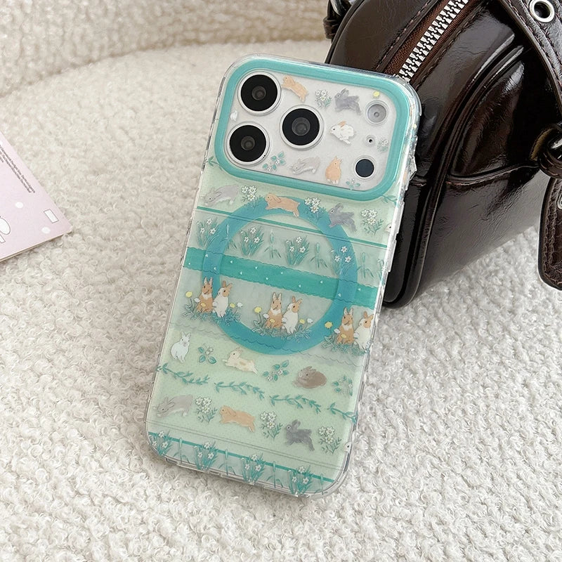 うさぎガーデン Magnet内蔵グリップ付き iPhoneケース｜淡色・ナチュラルラビット #231128