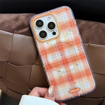 【Magnet内蔵】クリームケーキ オレンジ ギンガムチェック スマホケース｜ゆるかわポップソケット｜iPhone対応 #241203