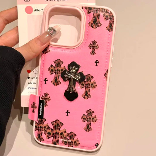 【レオパードクロス 】ヒョウ柄 十字架 × マットピンク スマホケース｜iPhone対応 #240729