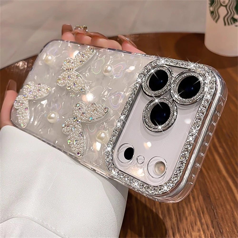 【ジュエリーバタフライ】キラキラ 蝶モチーフ×パール デコレーション スマホケース｜iPhone対応 #250424