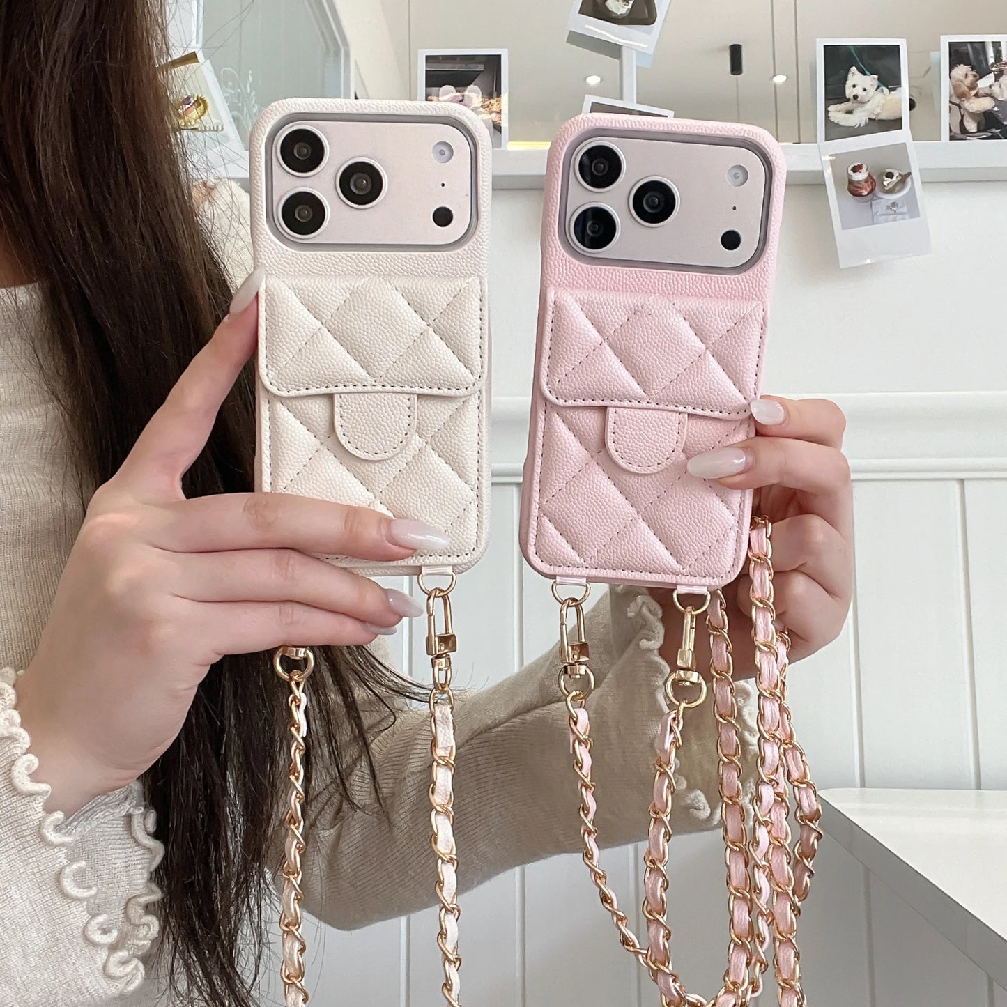 キルティング レザー風 iPhoneケース｜カード収納付き・チェーンストラップ #240523