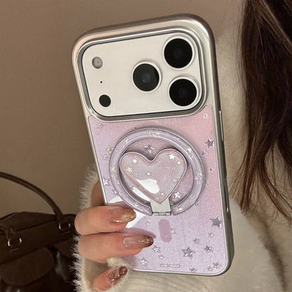 【マグネット式折りたたみハートスタンド付き】星柄 ラベンダー ハートリング付きスマホケース｜iPhone対応 #240705