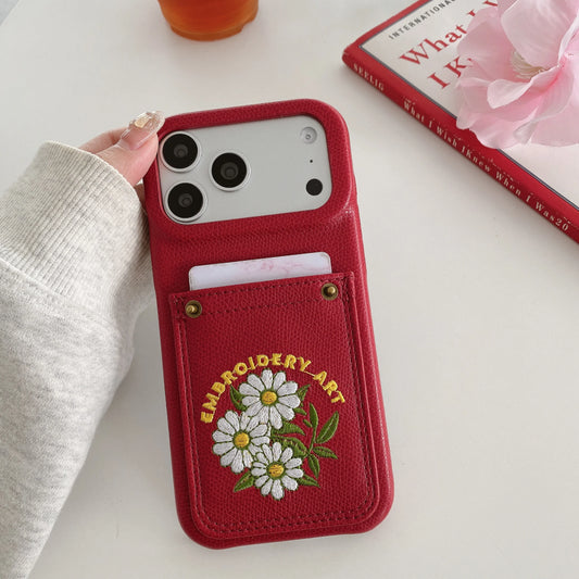 フラワー刺繍 ポケット付き レザー調 iPhoneケース #260613
