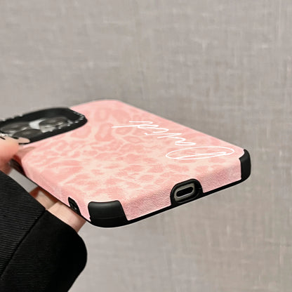 【カスタムシリーズ】ピンクレオパード ヒョウ柄 縦書き名入れ ソフトスマホケース｜iPhone対応 #240722