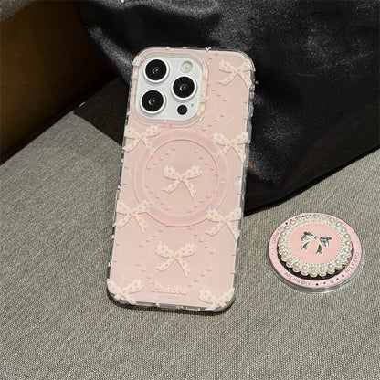 【リボンパールグリップ】ガーリ ピンクハート ケース｜iPhone対応 #250724