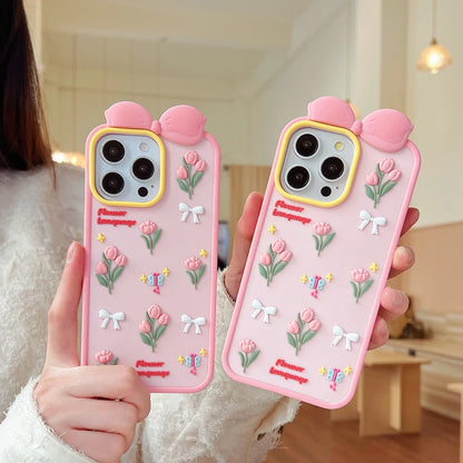 【フラワーリボンシリーズ】立体チューリップ＆蝶々モチーフ スマホケース｜iPhone対応 #250820