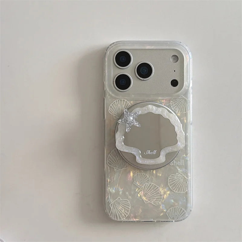 シェルグリップ 貝殻 ミラー Magnet内蔵 iPhoneケース｜ホワイトオーロラデザイン #230706