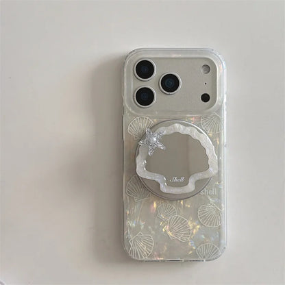 シェルグリップ 貝殻 ミラー Magnet内蔵 iPhoneケース｜ホワイトオーロラデザイン #230706
