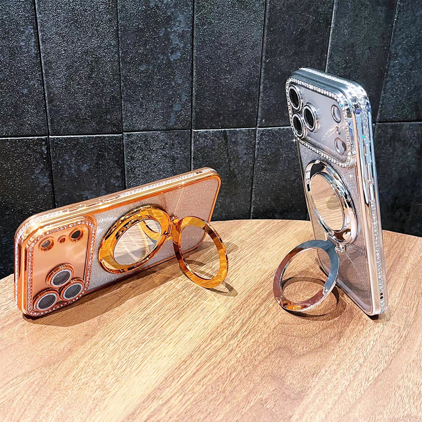 【カスタムシリーズ】名入れ リングスタンド ミラー付き iPhoneケース｜ラメグラデ #260216