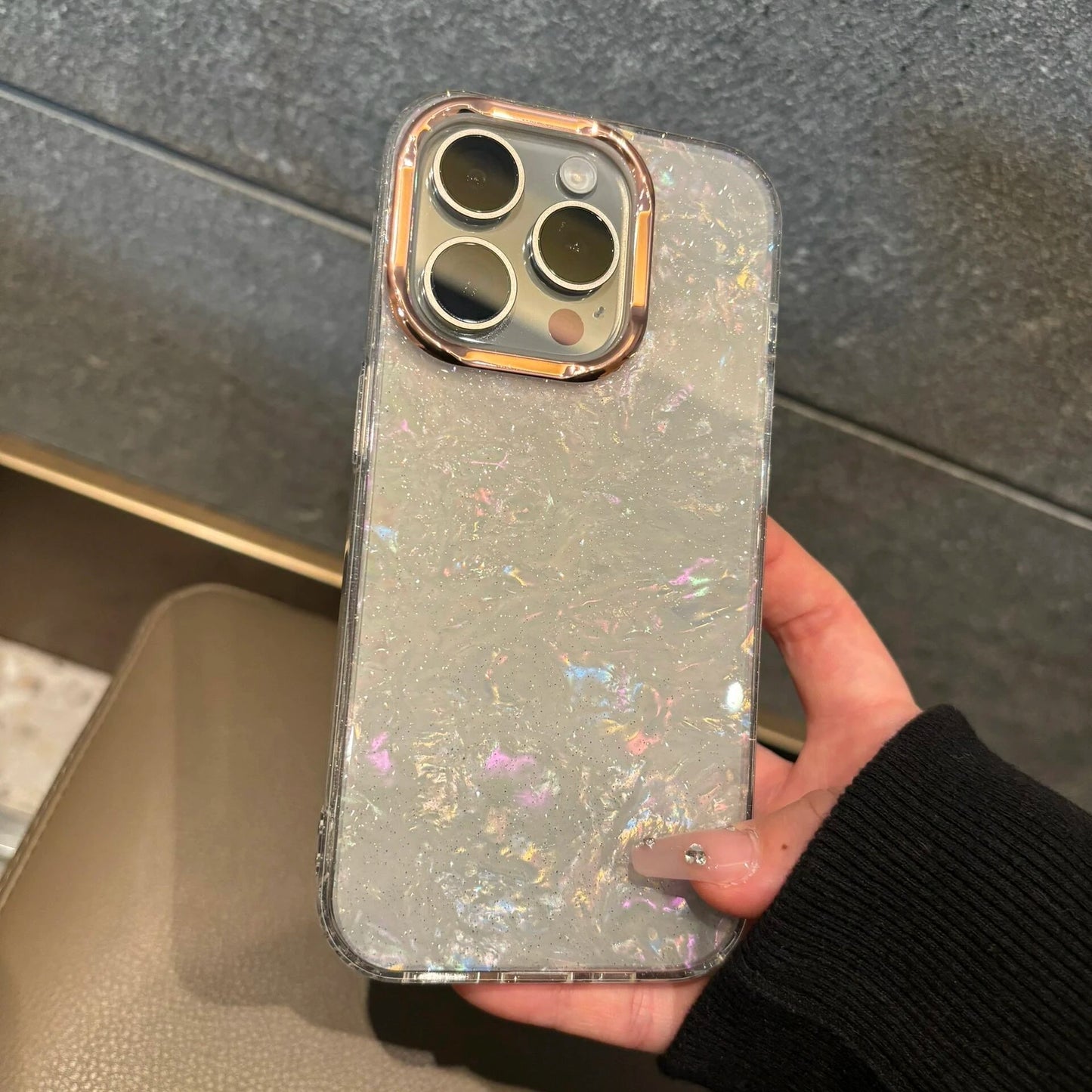 【大理石風】上品パール調 ホワイトシェル クリア iPhoneケース 高級感 キラキラ おしゃれ 耐衝撃｜iPhone対応 #250405