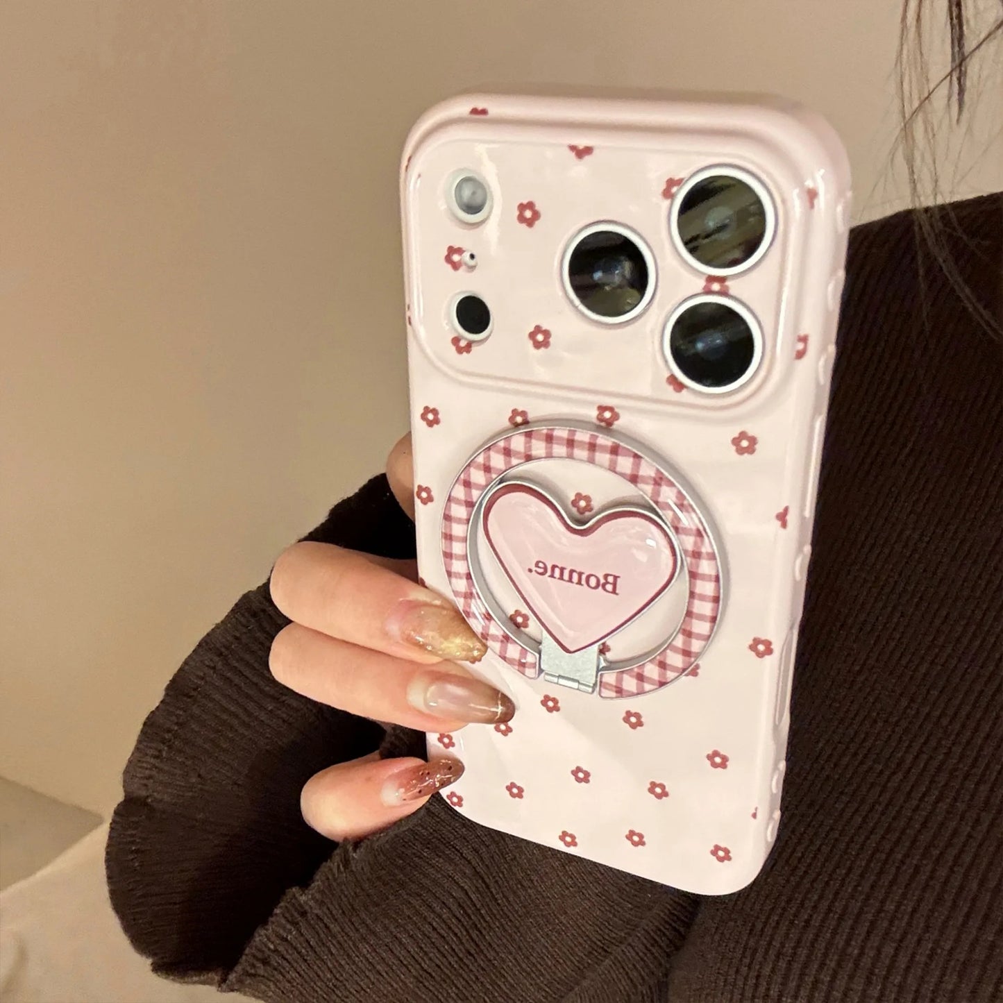 【マグネット式折りたたみハートスタンド付き】リボン × プチフラワー 小花 ハートスタンドスマホケース｜iPhone対応 #240628