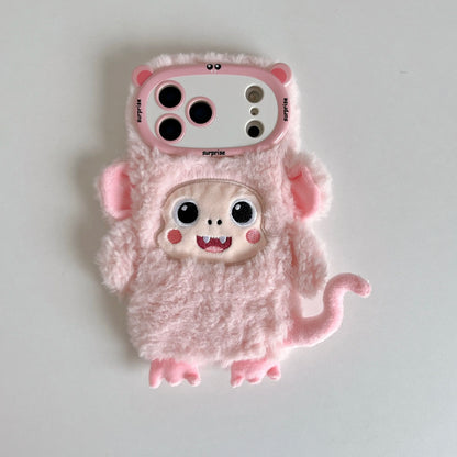 【アニマルフェイスシリーズ】ピンク＆ホワイト モンキー スマホケース｜ふわもこ立体デザイン × 尻尾付き｜iPhone対応 #241129