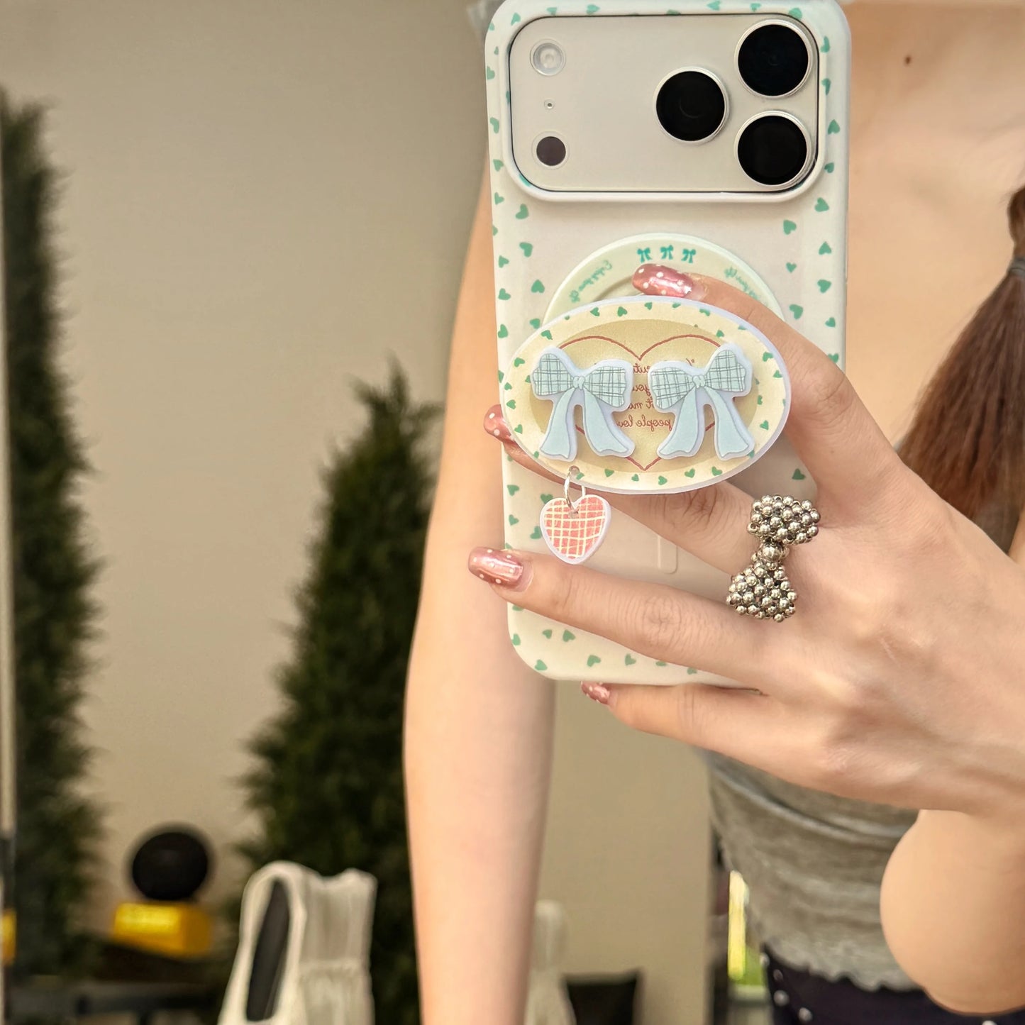 ダブルリボン ガーリー グリップ付き Magnet内蔵 iPhoneケース #260623