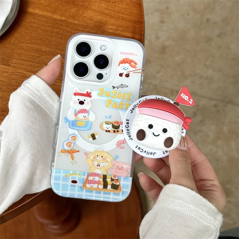 【Magnet内蔵】SUSHI PARTY スマホケース｜ゆるかわ 寿司 グリップ付き｜iPhone対応 #241202