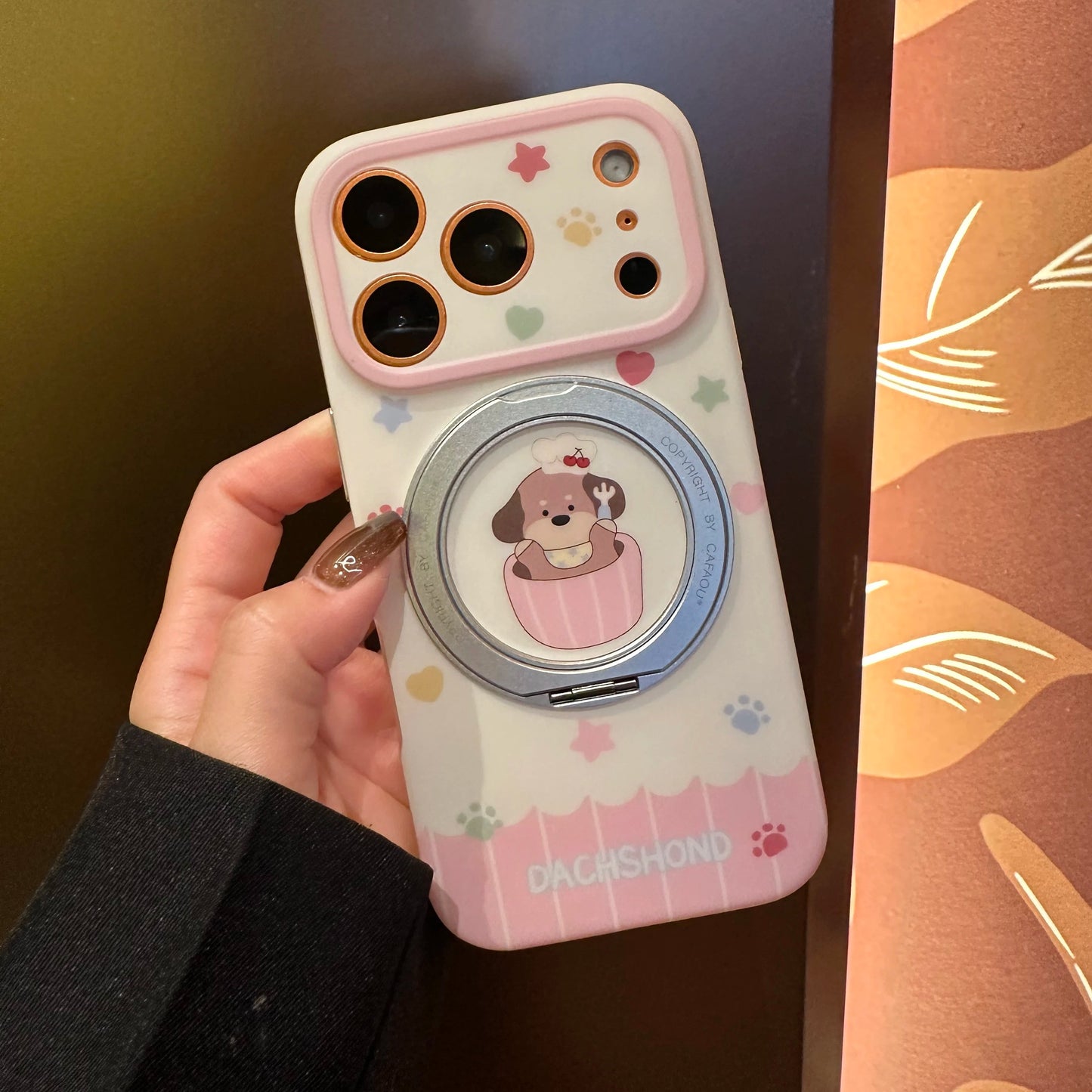 カラフルドット 水玉 ミニチュアダックス 360度回転 リングスタンド付き iPhoneケース #231209