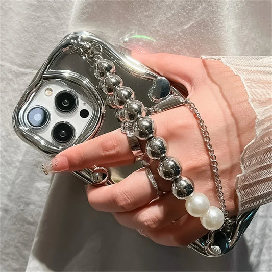 【メタリック×ミラー】ビーズハートチャーム付きスマホケース｜iPhone対応 #250729