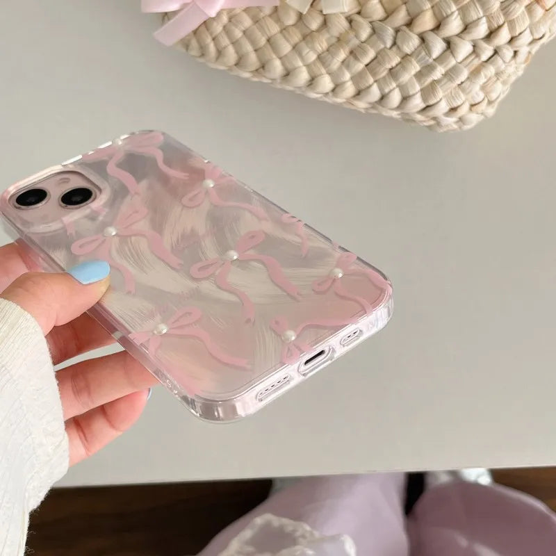 【パールピンクリボン】リボン×パールアクセント スマホケース｜iPhone対応 #250607