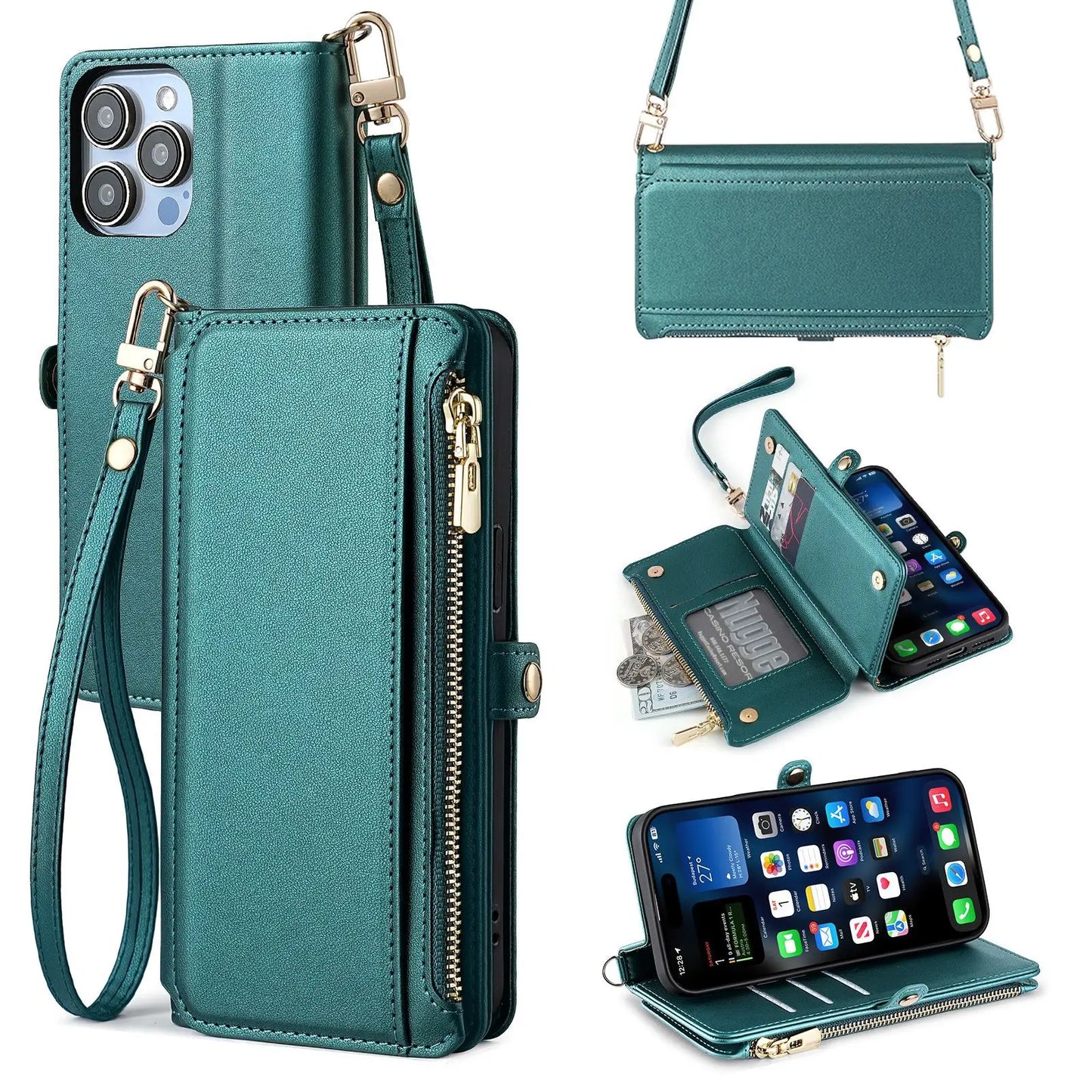 【ブックスタイル】シンプル レザー調  手帳タイプ iPhoneケース ストラップ付き #240124