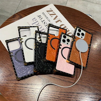 【スクエアシリーズ】キルティングレザー フラワー型押し スタッズスクエアケース｜iPhone対応 #250819