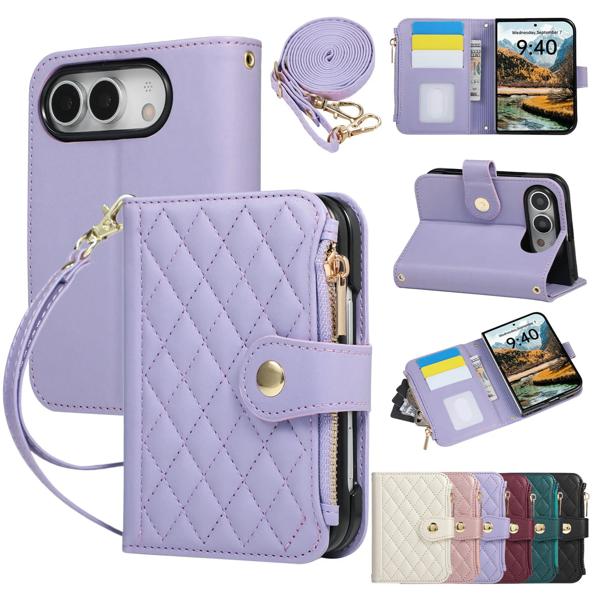iPhone Duo ショルダーストラップ付き キルティング手帳型 マグネット内蔵 iPhoneケース (全6色) エレガント・クラシカル #261224