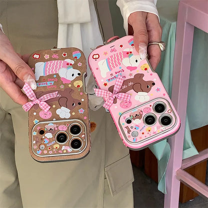 【スウィートダックス】チェックリボン×ドッグデザイン  ストラップ付き スマホケース｜iPhone対応 #241228