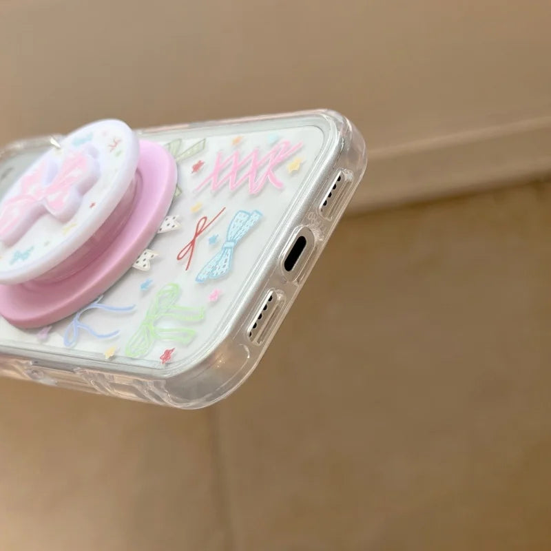 リボン総柄 クリアグリッター Magnetグリップ付き iPhoneケース #260213