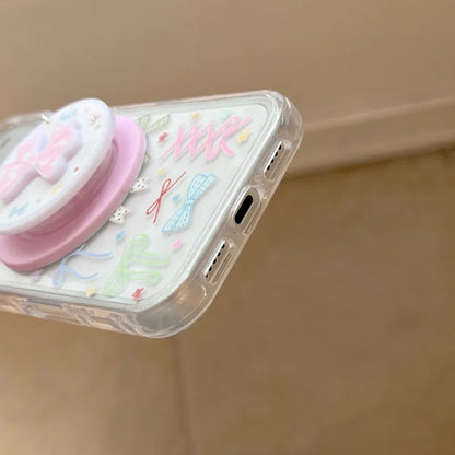 リボン総柄 クリアグリッター Magnetグリップ付き iPhoneケース #260213