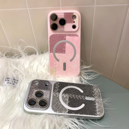 ツイード風 パッチワークデザイン Magnet内蔵 iPhoneケース #230724