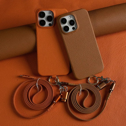 【本革シリーズ】名入れカスタム ロングストラップ付き レザー スマホケース｜ iPhoneケース #241011