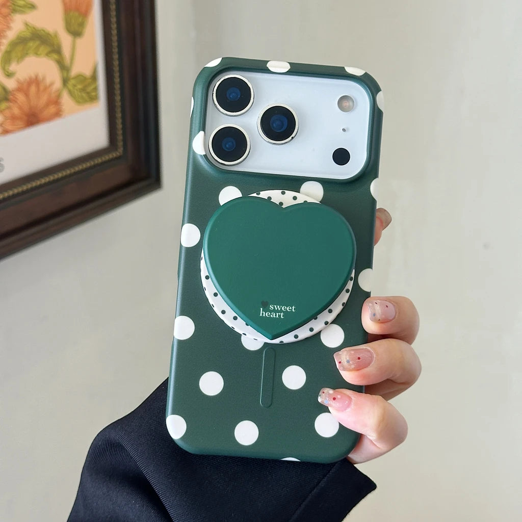 ハートグリップ ドット 水玉デザイン iPhoneケース｜マグネット内蔵・韓国風 #231223