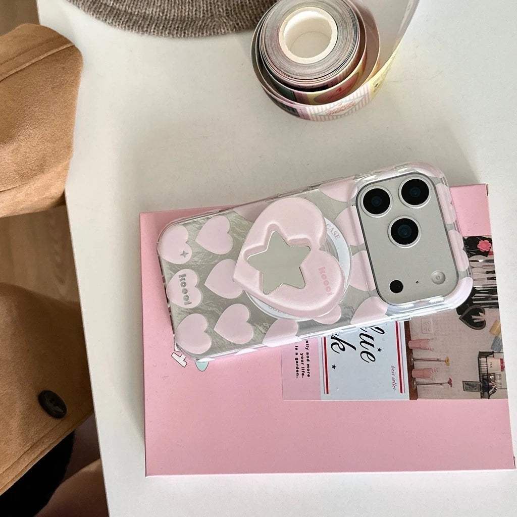 【Magsafe対応】ミラー付き ハートスターグリップ スマホケース｜iPhone対応 #250130