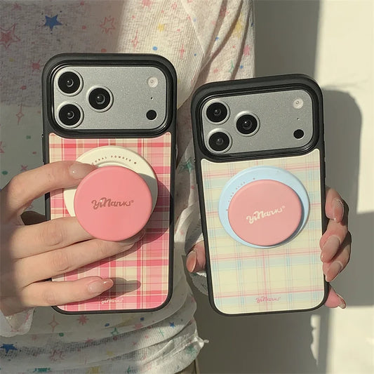 チェック柄 スタンドグリップ付き Magnet内蔵 iPhoneケース｜レトロデザイン #260003