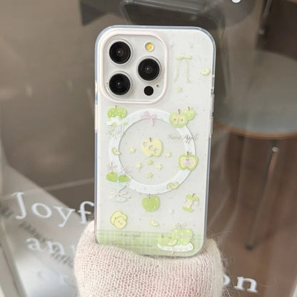 リボン グリーンアップル Magnet内蔵 りんごグリップ付き クリア iPhoneケース #231126