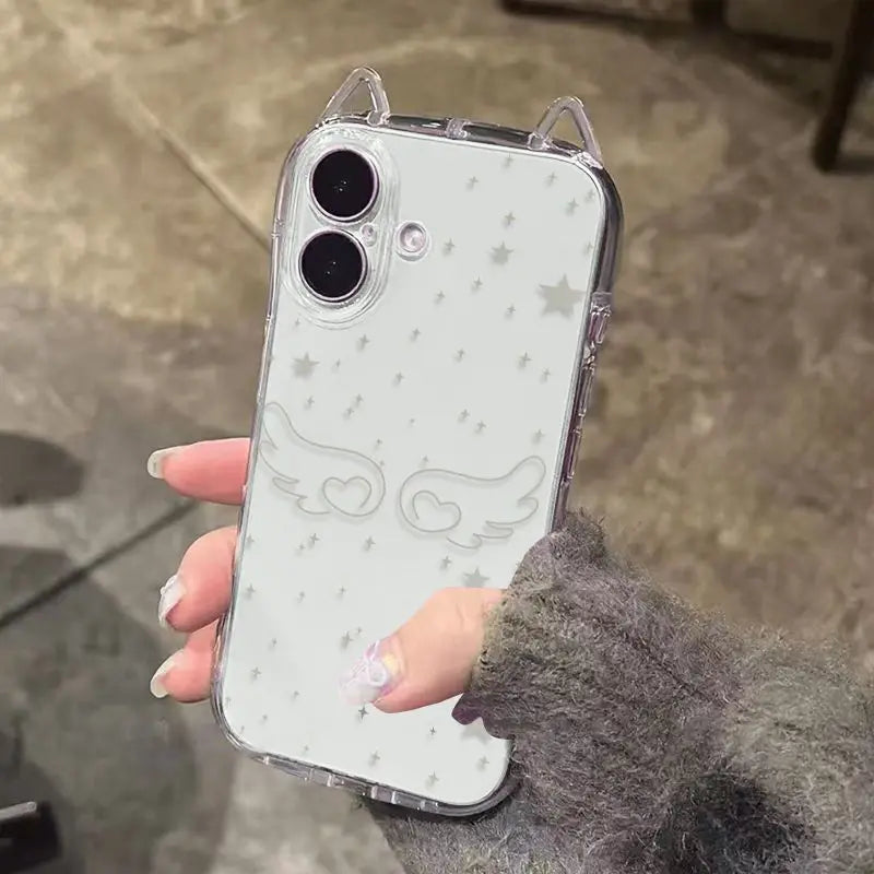 【猫耳シリーズ】 エンジェル クリア iPhoneケース｜羽モチーフ・ソフトTPU #240214