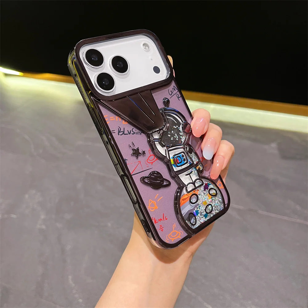 キラキラ流れるグリッター ラメ スペースアストロ 宇宙飛行士 iPhoneケース  #240418