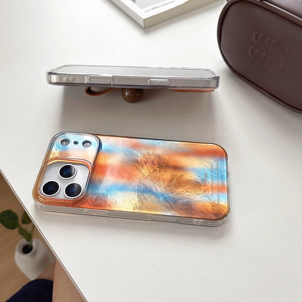 【アートマーブルグリップ】オレンジ×ブルー メタリックマーブル スマホケース｜iPhone対応 #250213