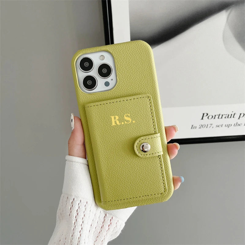 【カスタムシリーズ】名入れ イニシャル カード収納 ウォレット レザー調 iPhoneケース #260217