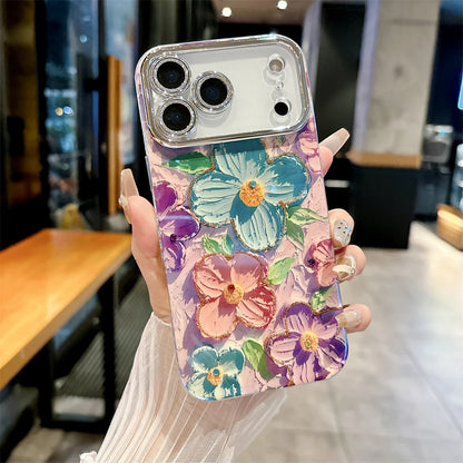 【フラワーアートシリーズ】カラフルハンドペイント風 キラキラレンズ保護 花柄 スマホケース｜iPhone対応 #251208