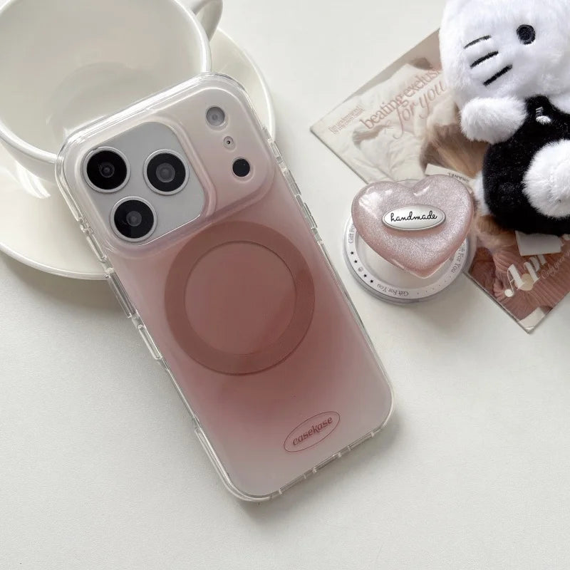 ぷっくりハートグリップ付き ふんわりチーク 滲み グラデデザイン iPhoneケース #240510