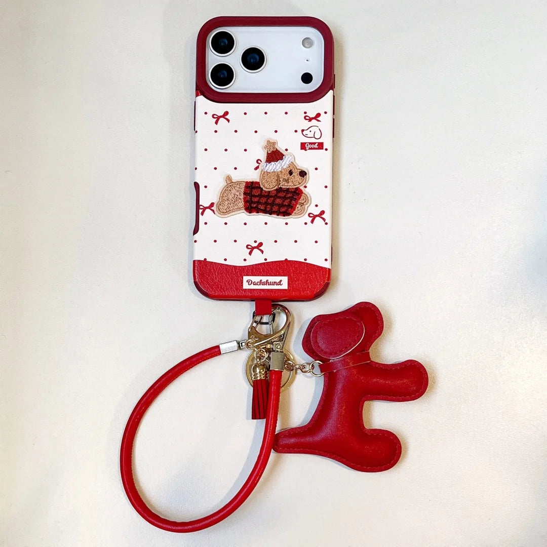 【アニマルシリーズ】 サンタ ダックスフンド 刺繍 × クリスマス デザインケース｜iPhone対応 #240906