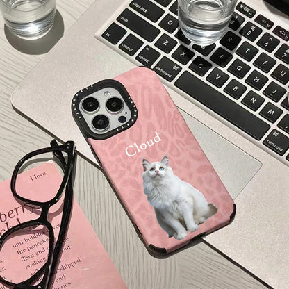 【カスタムNAMEシリーズ】ペット写真 × カスタム ネーム 印字 ピンクレオパード スマホケース｜iPhone対応 #241006